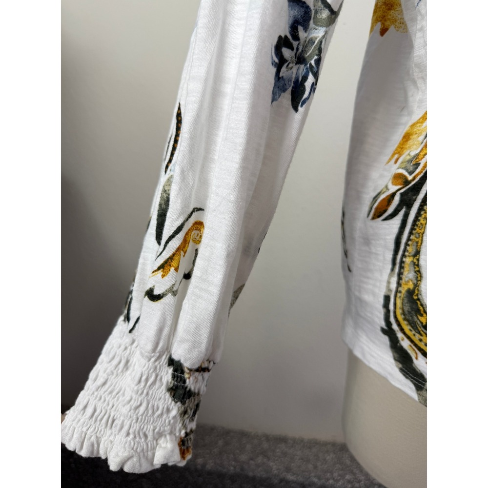 Chicos Women Large White Floral Paisley Slub Knit Scoop Neck Smocked Cuff Top - Picture 7 of 10